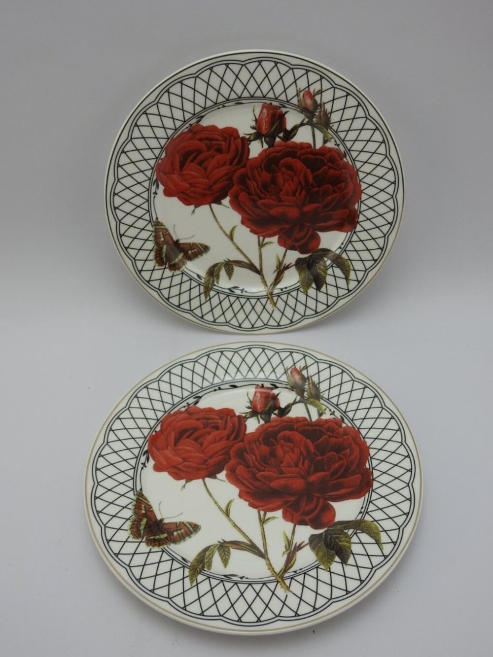 2 New Gothic Red Rose Butterfly Dinner Plates 8" Halloween Grace Teaware